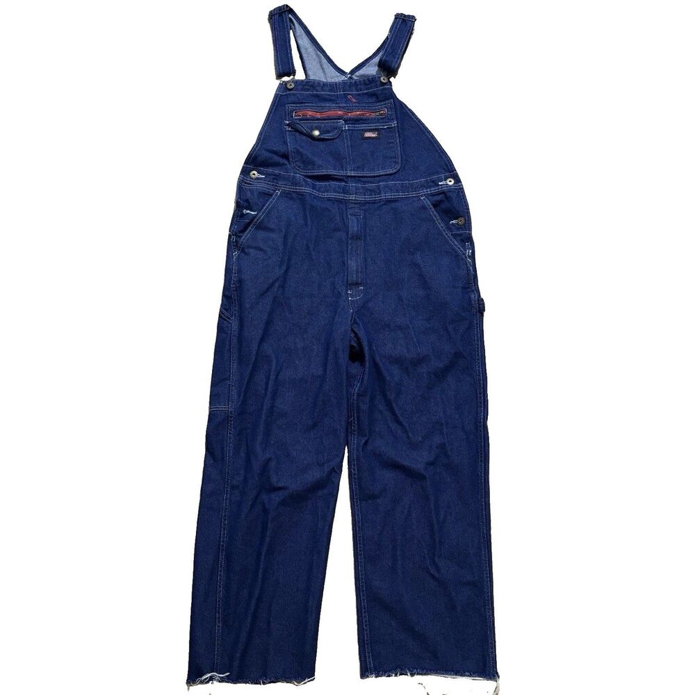 Dickies Overalls Mens Medium Blue Indigo Denim Classic Bib Workwear Raw Hem